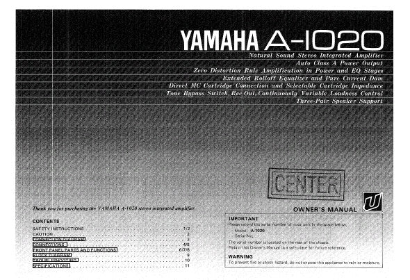 YAMAHA A-1020 STEREO INTEGRATED AMPLIFIER OWNER'S MANUAL INC CONN DIAGS BLK DIAG AND TRSHOOT GUIDE 12 PAGES ENG