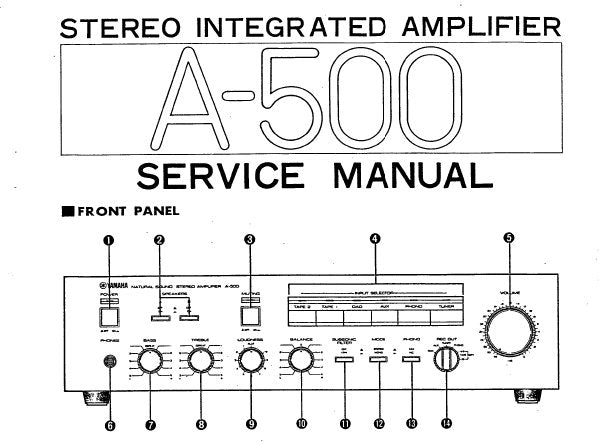 YAMAHA A-500 STEREO INTEGRATED AMPLIFIER SERVICE MANUAL INC BLK DIAG PCB'S SCHEM DIAG AND PARTS LIST 18 PAGES ENG