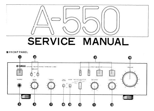 YAMAHA A-550 INTEGRATED STEREO AMPLIFIER SERVICE MANUAL INC BLK DIAG SCHEM DIAG PCB'S AND PARTS LIST 25 PAGES ENG