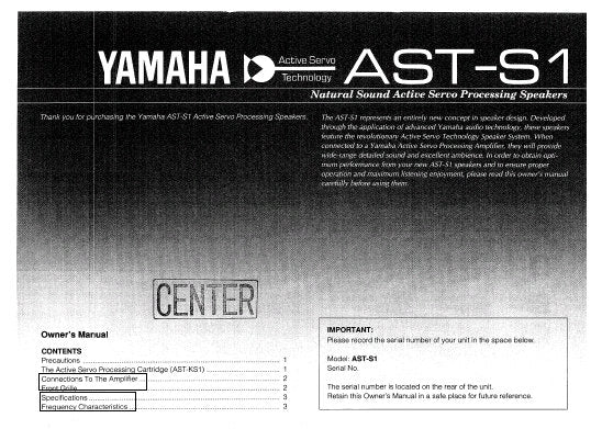 YAMAHA AST-S1 ACTIVE SERVO PROCESSING SPEAKERS OWNER'S MANUAL INC CONN DIAG 4 PAGES ENG