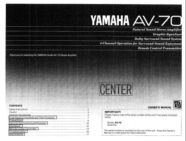 YAMAHA AV-70 STEREO AMPLIFIER OWNER'S MANUAL INC CONN DIAG AND TRSHOOT GUIDE 18 PAGES ENG