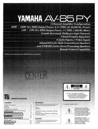YAMAHA AV-85PY 4 CHANNEL AMPLIFIER OWNER'S MANUAL INC CONN DIAGS AND TRSHOOT GUIDE 16 PAGES ENG