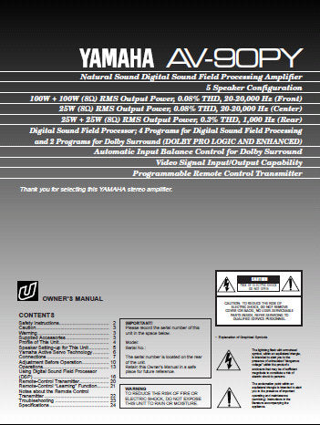 YAMAHA AV-90PY STEREO AMPLIFIER OWNER'S MANUAL INC CONN DIAGS AND TRSHOOT GUIDE 25 PAGES ENG