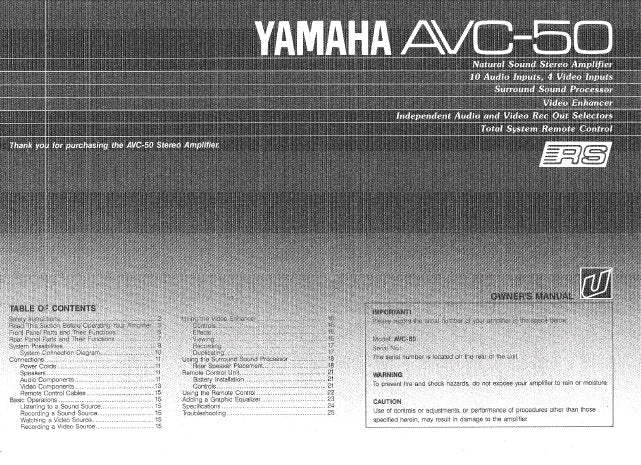 YAMAHA AVC-50 STEREO AMPLIFIER OWNER'S MANUAL INC CONN DIAGS AND TRSHOOT GUIDE 26 PAGES ENG
