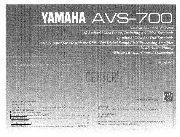 YAMAHA AVS-700 AV SELECTOR OWNER'S MANUAL INC CONN DIAG AND TRSHOOT GUIDE 16 PAGES ENG