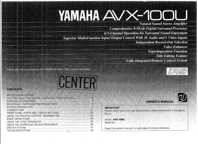 YAMAHA AVX-100U STEREO AMPLIFIER OWNER'S MANUAL INC CONN DIAGS AND TRSHOOT GUIDE 45 PAGES ENG