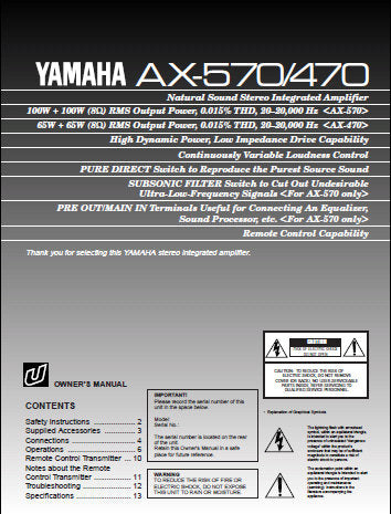 YAMAHA AX-470 AX-570 STEREO INTEGRATED AMPLIFIER OWNER'S MANUAL INC CONN DIAG AND TRSHOOT GUIDE 14 PAGES ENG