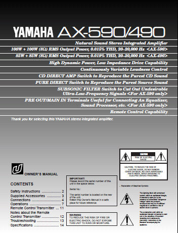 YAMAHA AX-490 AX-590 STEREO INTEGRATED AMPLIFIER OWNER'S MANUAL INC CONN DIAGS AND TRSHOOT GUIDE 15 PAGES ENG