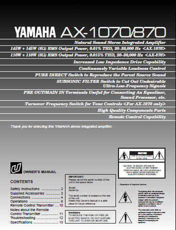 YAMAHA AX-870 AX-1070 STEREO INTEGRATED AMPLIFIER OWNER'S MANUAL INC CONN DIAG AND TRSHOOT GUIDE 16 PAGES ENG