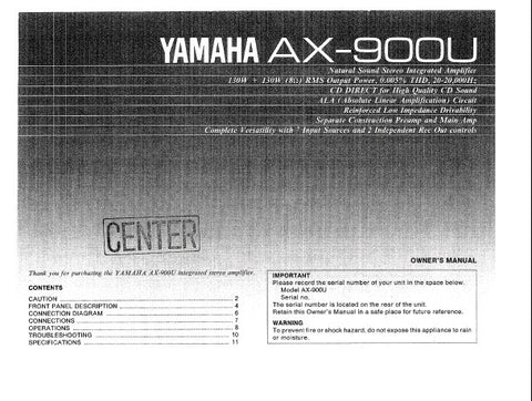 YAMAHA AX-900U STEREO INTEGRATED AMPLIFIER OWNER'S MANUAL INC CONN DIAGS AND TRSHOOT GUIDE 12 PAGES ENG