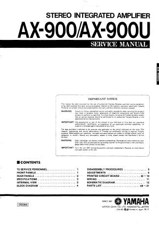 YAMAHA AX-900 AX-900U STEREO INTEGRATED AMPLIFIER SERVICE MANUAL INC BLK DIAG PCB'S WIRING DIAG SCHEM DIAGS AND PARTS LIST 21 PAGES ENG