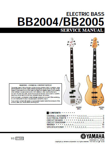 YAMAHA BB2004 BB2005 ELECTRIC BASS SERVICE MANUAL INC PCBS CIRC DIAGS WIRING DIAGS AND PARTS LIST 11 PAGES ENG