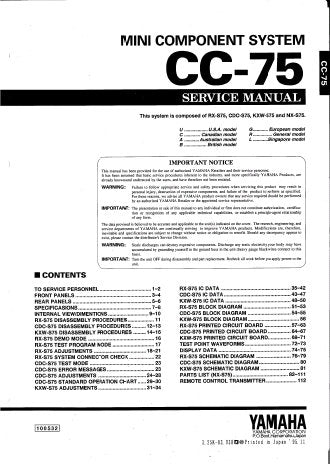 YAMAHA CC-75 MINI COMPONENT SYSTEM SERVICE MANUAL INC BLK DIAGS PCBS SCHEM DIAGS AND PARTS LIST 94 PAGES ENG