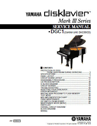 YAMAHA DGC1 MARK III SERIES DISKLAVIER SERVICE MANUAL INC PCBS TRSHOOT GUIDE OVERALL CIRC DIAGS BLK DIAG AND PARTS LIST 112 PAGES ENG