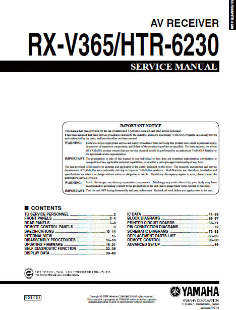 YAMAHA HTR-6230 RX-V365 AV RECEIVER SERVICE MANUAL INC BLK DIAGS PCBS SCHEM DIAGS AND PARTS LIST 99 PAGES ENG