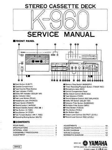 YAMAHA K-960 STEREO CASSETTE DECK SERVICE MANUAL INC BLK DIAG PCBS AND SCHEM DIAG 16 PAGES ENG