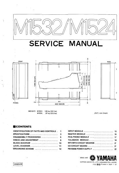 YAMAHA M1524 M1532 MIXING CONSOLE SERVICE MANUAL INC BLK DIAG PCBS SCHEM DIAGS AND PARTS LIST 48 PAGES ENG