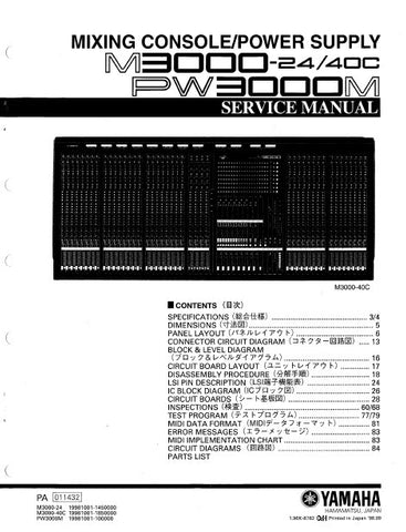 YAMAHA M3000-24 M3000-40C MIXING CONSOLE PW3000M POWER SUPPLY SERVICE MANUAL INC BLK DIAG PCBS SCHEM DIAGS AND PARTS LIST 185 PAGES ENG