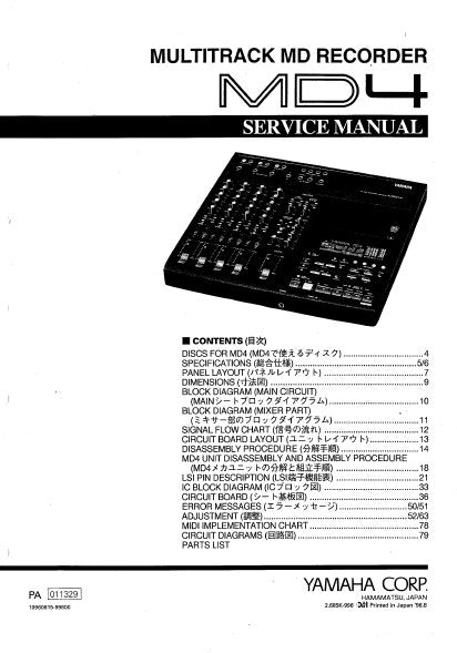 YAMAHA MD4 MULTITRACK MD RECORDER SERVICE MANUAL INC BLK DIAGS PCBS SCHEM DIAGS AND PARTS LIST 80 PAGES ENG