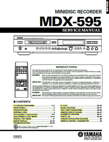 YAMAHA MDX-595 MINIDISC RECORDER SERVICE MANUAL INC BLK DIAGS PCBS SCHEM DIAGS AND PARTS LIST 60 PAGES ENG