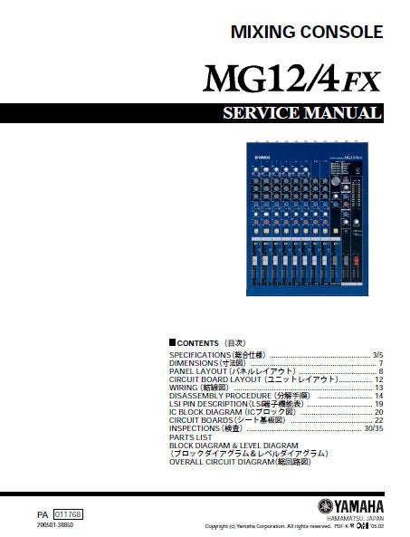 YAMAHA MG12/4fx MIXING CONSOLE SERVICE MANUAL INC BLK DIAG PCBS SCHEM DIAGS AND PARTS LIST 78 PAGES ENG JAP