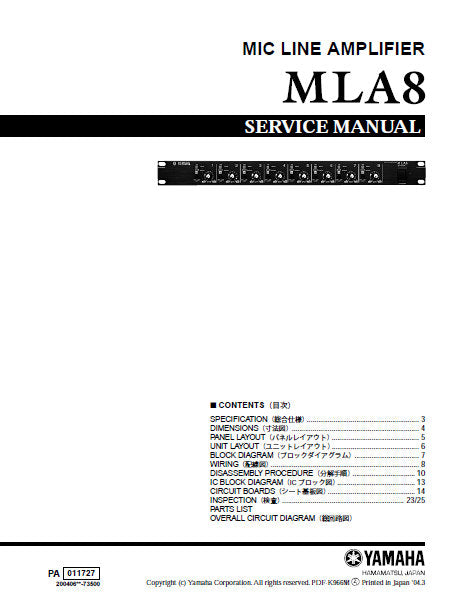 YAMAHA MLA8 MIC LINE AMPLIFIER SERVICE MANUAL INC BLK DIAG PCBS SCHEM DIAGS AND PARTS LIST 43 PAGES ENG JAP