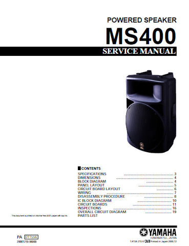 YAMAHA MS400 POWERED SPEAKER SERVICE MANUAL INC BLK DIAG PCBS SCHEM DIAGS AND PARTS LIST 31 PAGES ENG
