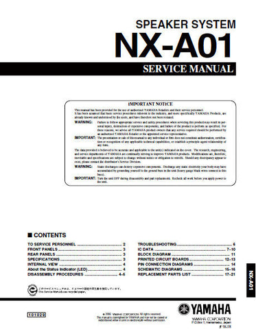 YAMAHA NS-A01 SPEAKER SYSTEM SERVICE MANUAL INC BLK DIAG PCBS SCHEM DIAGS AND PARTS LIST 22 PAGES ENG