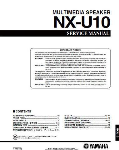 YAMAHA NX-U10 MULTIMEDIA SPEAKER SERVICE MANUAL INC BLK DIAG PCBS SCHEM DIAG AND PARTS LIST 25 PAGES ENG JAP