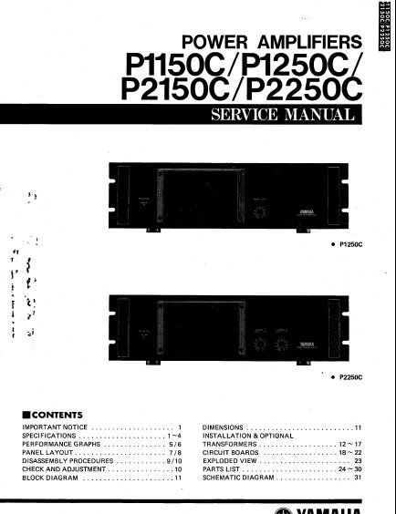 YAMAHA P1150C P1250C P2150C P2250C STEREO POWER AMPLIFIERS SERVICE MANUAL INC BLK DIAG PCBS SCHEM DIAG AND PARTS LIST 28 PAGES ENG