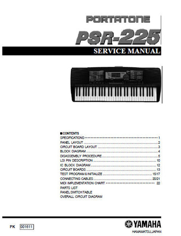 YAMAHA PSR-225 PORTATONE KEYBOARD SERVICE MANUAL INC BLK DIAG PCBS SCHEM DIAGS AND PARTS LIST 29 PAGES ENG