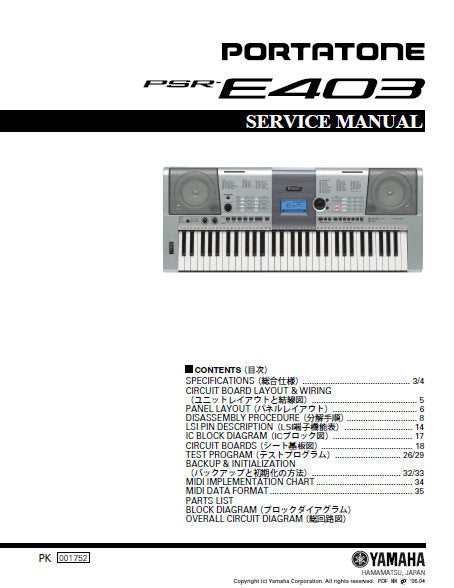 YAMAHA PSR-E403 PORTATONE KEYBOARD SERVICE MANUAL INC BLK DIAG PCBS SCHEM DIAG AND PARTS LIST 50 PAGES ENG JAP