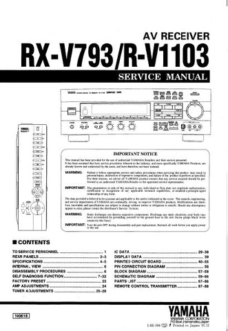 YAMAHA R-V1103 RX-V793 AV RECEIVER SERVICE MANUAL INC BLK DIAGS PCBS SCHEM DIAGS AND PARTS LIST 77 PAGES ENG