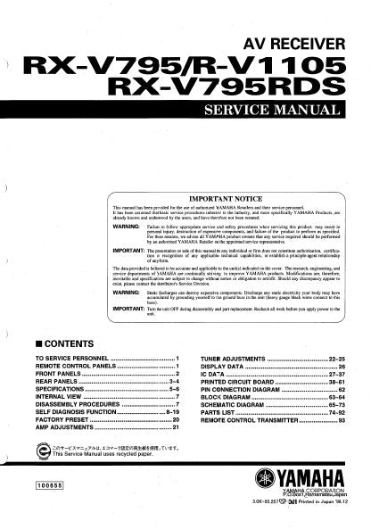 YAMAHA R-V1105 RX-V795 RX-V795RDS AV RECEIVER SERVICE MANUAL INC BLK DIAGS PCBS SCHEM DIAGS AND PARTS LIST 80 PAGES ENG