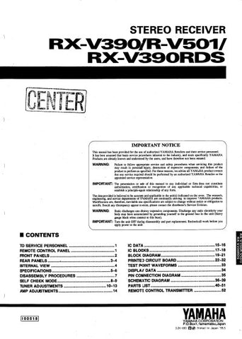 YAMAHA R-V501 RX-V390 RX-V390RDS STEREO RECEIVER SERVICE MANUAL INC BLK DIAGS PCBS SCHEM DIAGS AND PARTS LIST 44 PAGES ENG