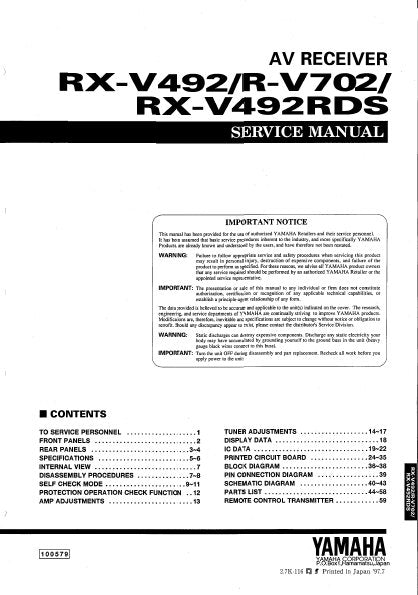 YAMAHA R-V702 RX-V492 RX-V492RDS AV RECEIVER SERVICE MANUAL INC BLK DIAGS PCBS SCHEM DIAGS AND PARTS LIST 52 PAGES ENG