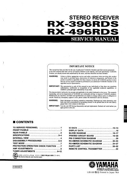 YAMAHA RX-396RDS RX-496RDS STEREO RECEIVER SERVICE MANUAL INC BLK DIAGS PCBS SCHEM DIAGS AND PARTS LIST 48 PAGES ENG