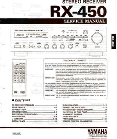 YAMAHA RX-450 STEREO RECEIVER SERVICE MANUAL INC BLK DIAG PCBS SCHEM DIAGS AND PARTS LIST 41 PAGES ENG