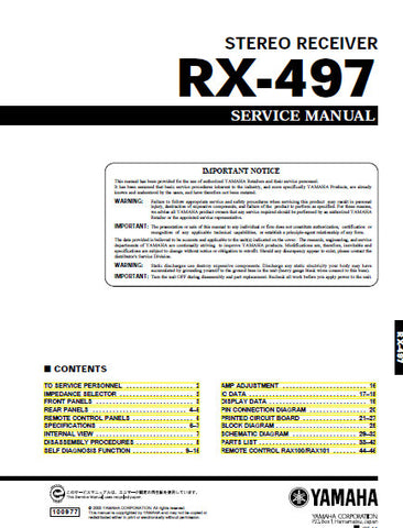 YAMAHA RX-497 STEREO RECEIVER SERVICE MANUAL INC BLK DIAG PCBS SCHEM DIAGS AND PARTS LIST 46 PAGES ENG
