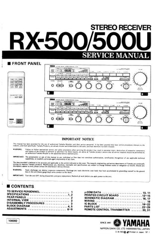 YAMAHA RX-500 RX-500U STEREO RECEIVER SERVICE MANUAL INC BLK DIAG PCBS SCHEM DIAGS AND PARTS LIST 14 DOUBLE PAGES ENG