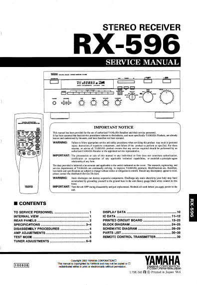 YAMAHA RX-596 STEREO RECEIVER SERVICE MANUAL INC BLK DIAG PCBS SCHEM DIAGS AND PARTS LIST 34 PAGES ENG