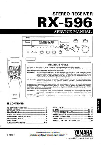 YAMAHA RX-596 STEREO RECEIVER SERVICE MANUAL INC BLK DIAG PCBS SCHEM DIAGS AND PARTS LIST 34 PAGES ENG