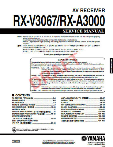 YAMAHA RX-A3000 RX-V3067 AV RECEIVER SERVICE MANUAL INC BLK DIAGS PCBS SCHEM DIAGS AND PARTS LIST 197 PAGES ENG