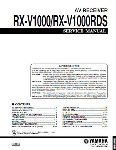 YAMAHA RX-V1000 RX-V1000RDS AV RECEIVER SERVICE MANUAL INC BLK DIAGS PCBS SCHEM DIAGS AND PARTS LIST 68 PAGES ENG