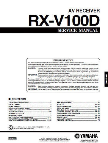 YAMAHA RX-V100D AV RECEIVER SERVICE MANUAL INC BLK DIAGS PCBS SCHEM DIAGS AND PARTS LIST 74 PAGES ENG