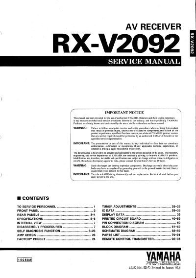 YAMAHA RX-V2092 AV RECEIVER SERVICE MANUAL INC BLK DIAGS PCBS SCHEM DIAGS AND PARTS LIST 112 PAGES ENG