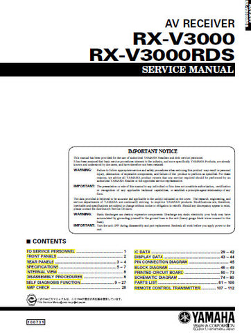 YAMAHA RX-V3000 RX-V3000RDS AV RECEIVER SERVICE MANUAL INC BLK DIAGS PCBS SCHEM DIAGS AND PARTS LIST 93 PAGES ENG