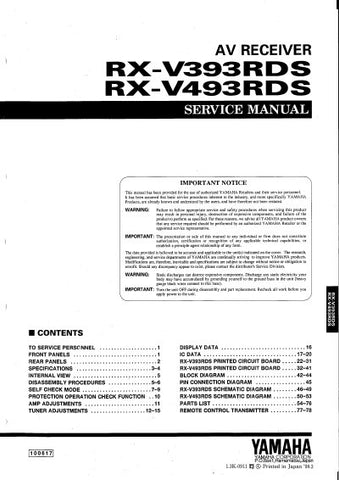 YAMAHA RX-V393RDS RX-V493RDS AV RECEIVER SERVICE MANUAL INC BLK DIAGS PCBS SCHEM DIAGS AND PARTS LIST 57 PAGES ENG