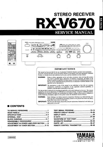 YAMAHA RX-V670 STEREO RECEIVER SERVICE MANUAL INC BLK DIAGS PCBS SCHEM DIAGS AND PARTS LIST 42 PAGES ENG