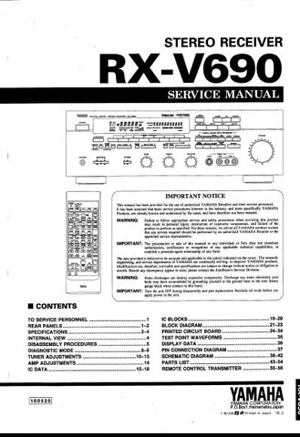 YAMAHA RX-V690 STEREO RECEIVER SERVICE MANUAL INC BLK DIAGS PCBS SCHEM DIAGS AND PARTS LIST 46 PAGES ENG